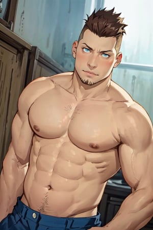 (1 image only), solo male, 1boy, Heymans Breda, Fullmetal Alchemist, anime, 2D, blue eyes, brown hair, short hair, high fade, stubble, handsome, (chubby), (topless, shirtless, bare chest, bare shoulder),  blue pants, shy, blush, charming, alluring, upper body in frame, perfect anatomy, perfect proportions, 8k, HQ, (best quality:1.2, hyperrealistic:1.2, photorealistic:1.2, masterpiece:1.3, madly detailed photo:1.2), (hyper-realistic lifelike texture:1.2, realistic eyes:1.2), high_resolution, perfect eye pupil, dutch angle,best quality