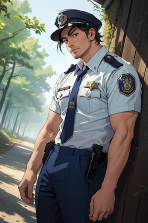 (1 image only), solo male, Agawa Daigo, Gannibal, Asian ,Japanese, black hair, short hair, thin stubble, black eyes, policeman, white collared shirt, dark blue necktie, white sleeves, roll up sleeves, dark blue pants, black shoes, (police peaked cap, adjusting headwear), mature, handsome, charming, alluring, perfect anatomy, perfect proportions, (best quality, masterpiece), (perfect eyes), perfect hands, high_resolution, dutch angle, cowboy shot, rural, pastoral, forest, creep, suspense, horror, manga, best quality