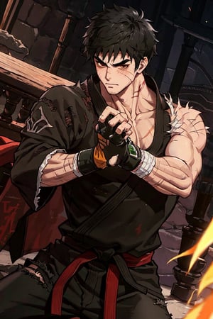 solo male, Grappler, Dungeon Fighter Online, black hair, short hair, brown eyes, thick eyebrows, forked eyebrows, stubble, green eyes, scars on face, scar on cheek, scar on chest, pectorals, pectoral cleavage, rn black dougi, black martial arts pants, red martial arts belt, yellow fingerless gloves, barefoot, bandaged hand, toned male, mature, handsome, charming, alluring, erotic, blush, shy, fighting stance
, upper body, perfect anatomy, perfect proportions, ((perfect eyes, perfect, parfect fingers)), best quality, masterpiece, high_resolution, dutch angle, photo background,1guy