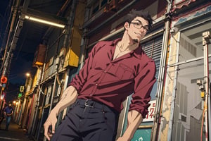 (1 image only), solo male, Jay Chiang, Great Pretender Razbliuto, Asian, Taiwanese, modern Taipei city, 2d, anime, flat, black hair, short hair, high fade, goatee, thick eyebrows, brown eyes, silver glasses, (pure red collared shirt, red sleeves rolled up:1.2), pants, socks, leather shoes, smile, mature, handsome, charming, alluring, standing, upper body, perfect anatomy, perfect proportions, (best quality, masterpiece), (perfect eyes:1.2), perfect hands, high_resolution, dutch angle, cowboy shot,metal steel building