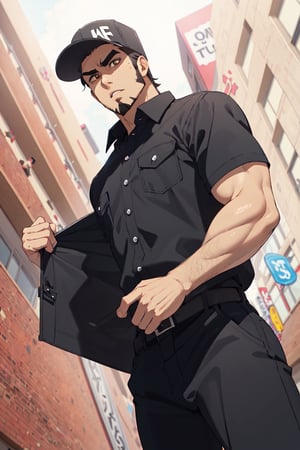 solo male, Memory T Cell\(Cells at Work\), tan skin, brown eyes, intense eyes, angled eyebrows, facial hair, goatee, sideburns, black uniform, black collared shirt, undressing, pecs, abs, black pants, (wearing cap, black cap), boots, mature, handsome, charming, alluring, fit, silm, slender, standing, upper body, perfect anatomy, perfect proportions, best quality, masterpiece, high_resolution, dutch angle, cowboy shot, photo background, perfect eyes
