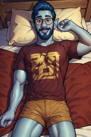 (1 image only), solo male, Wilden Lightfoot, Pixar Animation Onward, blue skin, dark blue hair, short hair, brown eyes, thick eyebrows, pointy ears, facial hair, beard, black-framed-glasses, (red t-shirt:1.2), khaki shorts, mature, bara, dilf, handsome, charming, alluring, smile, lying on bed, on back perfect anatomy, perfect proportions, (best quality, masterpiece), (perfect eyes, perfect eye pupil), perfect hands, high_resolution