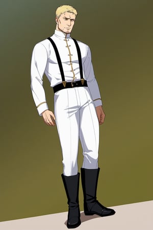 score_9, score_8_up, score_7_up, solo male, Reiner Braun, blond hair, short hair, flat hair, (facial hair, stubble:1.1), hazel eyes, ((perfect eyes, perfect mouth)), tall, (white uniform, pure white mandarin collared shirt, high standing collars, long sleeves:1.5), (unbuttoned shirt collar, green undershirt), black suspender straps, black belt:1.2), white pants, black tall combat boots, handsome, charming, alluring, standing, full body, cowboy shot, dutch angle, forest, perfect anatomy, perfect proportions, best quality, masterpiece, high_resolution