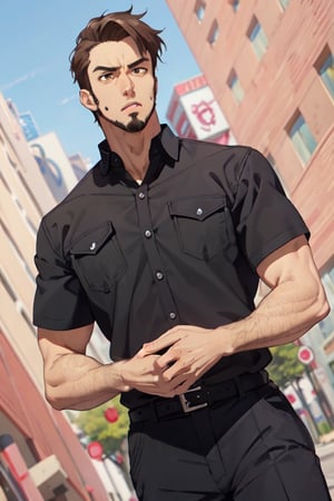 solo male, Memory T Cell\(Cells at Work\), tan skin, brown hair, brown eyes, facial hair, goatee, sideburns, black uniform, black collared shirt, black pants, black cap, boots, mature, handsome, charming, alluring, fit, silm, slender, standing, upper body, perfect anatomy, perfect proportions, best quality, masterpiece, high_resolution, dutch angle, cowboy shot, photo background
