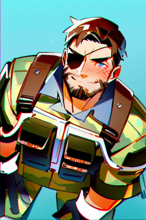 Gay man,  score_9,score_8_up,score_7_up, male receiver Big Boss, blue eyes, left eyepatch, brown hair, facial hair, full beard, (camo fatigues, camo collared shirt, camo uniform fatigues), camo pants, gloves, military harness, belt, perfect anatomy, kneeling, blush, smirk, awkward, innocent face, look up, spread legs,masterpiece, hands on knee,cartoon