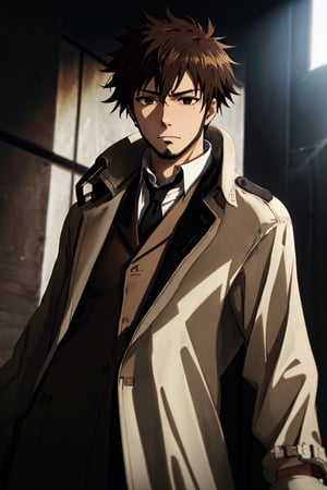 solo male, Genma Shizume, Asian, Japanese, black hair, chinstrap beard, sideburns, black eyes, calm eyes, slitty eyes, (dress in layers), white collared shirt, black necktie, (black jacket:1.3), (brown trench coat, open trench coat:1.3), black pants, black gloves, mature, masculine, handsome, charming, allurin, smile, standing, upper body, perfect anatomy, perfect proportions, (best quality, masterpiece, high_resolution:1.3), perfect eyes, dutch angle, cowboy shot,perfecteyes