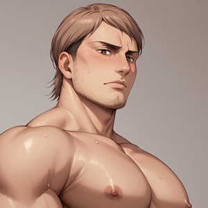 score_9, score_8_up, score_7_up, mns-pose, 1boy, solo, male focus, (Jean Kirstein, brown hair, light-brown eyes, thin eyebrows, facial hair, stubble), masculine, topless, nude, sweaty, wet, shiny skin, looking at viewer, horny, blush, looking down, from below, upper body, close-up, nipples, nipple slip, large pectorals, pectoral focus, sidepec, nude, muscular, muscular male, bara, simple background, (perfect eyes:1.1), ,Jean Kirstein
