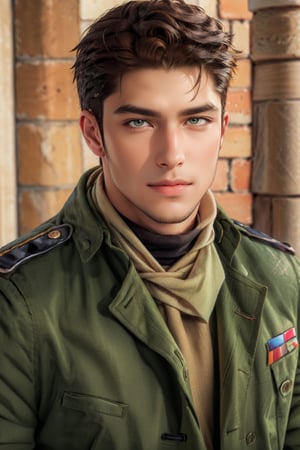 (1 image only), (solo male), 1boy, Sadik Adnan, Turkey, Hetalia: Axis Powers, Turkish male, olive-skinned, facial hair, chinstrap stubble, sideburns, brown hair, short hair, (bare forehead), grin, (tan color scarf), long green military trench coat, brown pants, knee-high boots, black gloves, handsome, mature, charming, alluring, (portrait), upper body, perfect anatomy, perfect proportions, 8k, HQ, (best quality:1.2, hyperrealistic:1.2, photorealistic:1.2, masterpiece:1.3, madly detailed photo:1.2), (hyper-realistic lifelike texture:1.2, realistic eyes:1.2), high_resolution, perfect eye pupil, (standing), perfecteyes, Hagia sophia, Istanbul loction, Islamic building, better_hands, perfecteyes