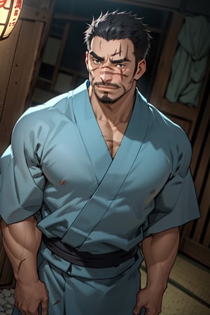 solo male, Gōzaburō Seto, My Bride is a Mermaid, Japanese, short hair, black hair,  black eyes, facial hair, thick eyebrows, scar on face, scar on nose, scar across eye, sideburns, yukata, japanese sandals, mature, handsome, charming, alluring, standing, upper body, perfect anatomy, perfect proportions, best quality, masterpiece, high_resolution, dutch angle, cowboy shot, photo background