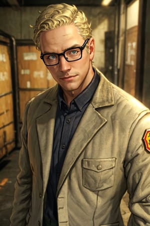 1boy, solo, Arcade Gannon, Fallout: New Vegas, doctor, scientist, 35 years old, tall, blonde hair, short hair, green eyes, wore glasses, handsome, grey collared shirt, white lab coat, military pants, black combat boots, perfect anatomy, perfect proportions, 8k, HD, HQ, (best quality:1.2, masterpiece, madly detailed photo), detailed, perfect face, perfect eye pupil, detailed eyes, high_resolution, perfecteyes, (upper body in frame, portrait), (dutch angle) 
