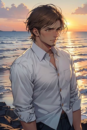 jean_kirstein(brown hair, short hair, stubble, bare forehead:1.2), (light brown eyes:1.4), fit body, (wearing pure white collared shirt, button up shirt:1.3), military green pants, black combat boots:1.2), roll up sleeve, manly, bulky, charming, alluring, dejected, depressed, sad, (standing), (upper body in frame), simple background(1910s harbor, sunset on ocean, endless ocean, nightfall), backlight, orange sky, perfect light, only 1 image, perfect anatomy, perfect proportions, perfect perspective, 8k, HQ, (best quality:1.5, hyperrealistic:1.5, photorealistic:1.4, madly detailed CG unity 8k wallpaper:1.5, masterpiece:1.3, madly detailed photo:1.2), (hyper-realistic lifelike texture:1.4, realistic eyes:1.2), picture-perfect face, detailed eyes, realistic, HD, UHD, front view, tear in eyes