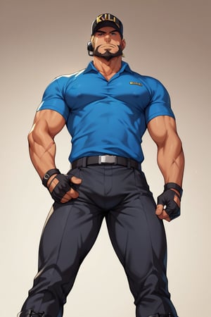 score_9, score_8_up, score_7_up, score_6_up, perfect anatomy, perfect proportions, best quality, masterpiece, high_resolution, high quality, solo male, Killer T Cell \(Cells at Work\), tan skin, blond hair, black eyes, facial hair, beard, scar on face, Killer T Cell uniform \(Cells at Work\), black collared shirt, open-neck shirt, black pants, black cap, Killer T Cell cap \(Cells at Work\), earpiece, fingerless gloves, black boots, adult, mature, masculine, manly, handsome, charming, alluring, standing, upper body, dutch angle, cowboy shot, ((from below))