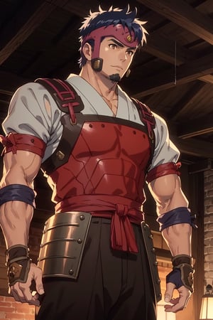 solo male, Kibito Araka, Kabaneri of the Iron Fortress, short hair, dark blue hair, brown-golden  eyes, goatee, muscular build, tall, samurai armor, (Armored Skirt Haidate), orange plated cuirass, padded sleeves, khaki pants, brown gauntlet, fingerless gauntlet, purple armored faceplate, black puttee, sandals, mature, handsome, charming, alluring, standing, upper body, perfect anatomy, perfect proportions, best quality, masterpiece, high_resolution, dutch angle, cowboy shot, photo background