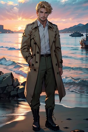 reiner_braun(blond hair, short hair, stubble, hazel eyes:1.3),  fit body, (wearing pure white collared shirt:1.2), (unbutton open brown trench coat, military green pants, black combat boots:1.2), manly, bulky, charming, alluring, seductive, seductive, erotic, enchanting, dejected, depressed, (standing), simple background(1910s harbor, sunset on the sea, sunset on the sea, nightfall), backlight, orange sky, perfect light, only 1 image, perfect anatomy, perfect proportions, perfect perspective, 8k,HQ,(best quality:1.5,hyperrealistic:1.5, photorealistic:1.4,madly detailed CG unity 8k wallpaper:1.5, masterpiece:1.3,madly detailed photo:1.2), (hyper-realistic lifelike texture:1.4,realistic eyes:1.2), picture-perfect face, highly detailed face, detailed eyes, realistic, HD, UHD, looking_at_viewer, (MkmCut) 