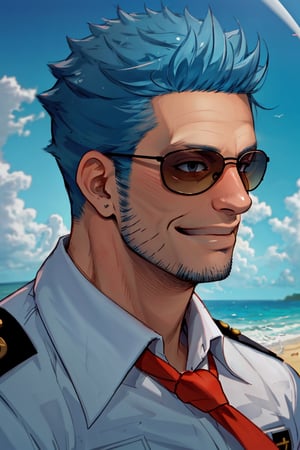 (1 image only), solo male, Wilbur, Animal Crossing, personification, pure blue hair, short hair, black eyes, blue facial hair, jawline stubble, aviation pilot uniform, white collor shirt, red necktie, epaulette, aviator sunglasses, mature, dilf, bara, handsome, charming, alluring, smile,(close-up,portrai), perfect anatomy, perfect proportions, (best quality, masterpiece), (perfect eyes, perfect eye pupil), high_resolution, dutch angle, seaside, summer