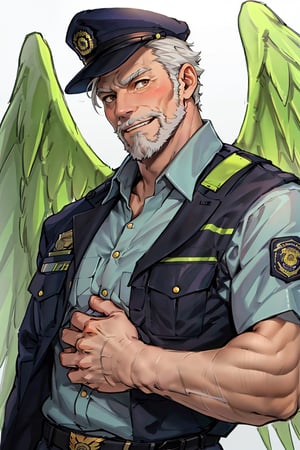 (1 image only), solo male, bara, Hogen, Tokyo Afterschool Summoners, Asain, Japanese, Tengu, old man, white hair, short hair, gold eyes, thick eyebrows, white facial hair, white beard, Japanese police uniform, Japanese police hat, pure aqua-color collared shirt, pure aqua-color sleeves, (black jacket on shoulders), grin, blush, horny, mature, handsome, charming, alluring, standing, upper body in frame, perfect anatomy, perfect proportions, 2D, anime, (best quality, masterpiece), (perfect eyes, perfect eye pupil), high_resolution, dutch angle, (Tokyo city street), better_hands, perfect fingers, green wings,best quality