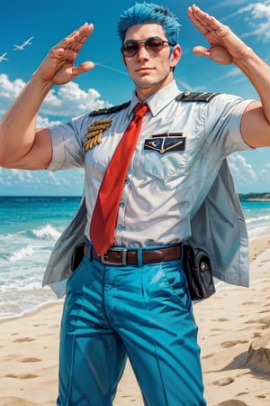 (1 image only), solo male, Wilbur, Animal Crossing, personification, pure blue hair, short hair, black eyes, blue facial hair, jawline stubble, aviation pilot uniform, white collor shirt, red necktie, epaulette, aviator sunglasses, blue pants, socks, black footwear, mature, dilf, bara, handsome, charming, alluring, grin,close-up,portrait, hand in pocket, (two-finger salute:1.2), perfect anatomy, perfect proportions, (best quality, masterpiece), (perfect eyes, perfect eye pupil), perfect hands, high_resolution, dutch angle, cowboy shot, seaside, summer
