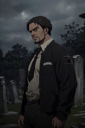 solo male, Artur Braus, Attack on Titan Anime style, shaggy brown hair, brown eyes, sideburns, stubble, white collared shirt, black necktie, (black jacket, close jacket, buttoned jacket), long sleeves, black pants, middle-age, mature, handsome, charming, alluring, standing, upper body, perfect anatomy, perfect proportions, best quality, masterpiece, high_resolution, cowboy shot, photo background, green field graveyard, rainy, sad, haggard, calm, front view
