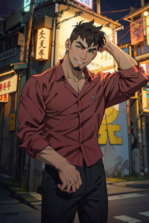 (1 image only), solo male, Jay Chiang, Great Pretender Razbliuto, Asian, Taiwanese, modern Taipei city, night cityscape, Taipei 101, 2d, anime, flat, black hair, short hair, high fade, goatee, thick eyebrows, (brown eyes), (pure red collared shirt, red sleeves rolled up:1.2) black pants, socks, leather shoes, smile, 1 hand behind head, mature, handsome, charming, alluring, standing, upper body, perfect anatomy, perfect proportions, (best quality, masterpiece), (perfect eyes:1.2), perfect hands, high_resolution, dutch angle, cowboy shot, ,metal steel building