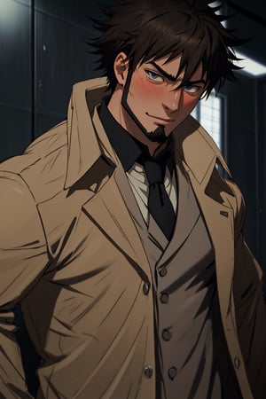 solo male, Genma Shizume, Asian, Japanese, black hair, chinstrap beard, sideburns, black eyes, calm eyes, slitty eyes, intense gaze, blush, shy, (dress in layers), 3 Piece Suit, white collared shirt, black necktie, black suit jacket, , (light brown trench coat, open trench coat:1.2), black pants, black gloves, mature, masculine, handsome, charming, allurin, smile, upper body, perfect anatomy, perfect proportions, (best quality, masterpiece, high_resolution:1.3), (perfect eyes, perfecteyes:1.3)