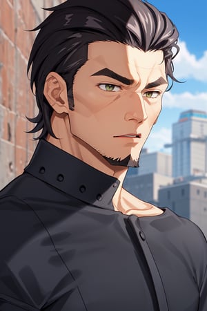 (1 image only), solo male, Kaburagi, Deca Dence, greying black hair, slicked back hair, thick eyebrows, sideburns, goatee, green eyes, scar, tucked-in wide necked short-sleeved white shirt, sleeves tucked up and buttoned, short sleeves, olive wide worker pants, black belt tied, brown boots. simplpe leather bracelet, toned male, mature, handsome, charming, alluring, (portrait, close-up), perfect anatomy, perfect proportions, best quality, masterpiece, high_resolution, dutch angle, outdoors, day, blue sky, science fiction, citadel on sky, photo background, (bare neck:1.3)