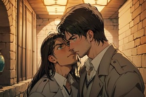 couple, ((2people)), first man giver((Eren Jaeger, ,erenad, black hair, long hair, long straight hair, hair down, stubble, grey-green eyes)), second mature man receiver((reiner braun, blond hair, stubble, hazel eyes, chiseled jaw)), ((uniform, white collared shirt, opem brown trench coat)), different hair style, different hair color, different face, makeout, eye contact, gay, homo, slight shy, charming, alluring, seductive, highly detailed face, detailed eyes, perfect light, 1910s military stone basement, retro, oil lamp light outside frame, (best quality), (8k), (masterpiece), best quality, 1 image, rugged, manly, hunk, perfect anatomy, perfect proportions, perfect perspective 