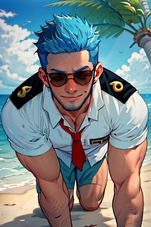 (1 image only), solo male, Wilbur, Animal Crossing, personification, blue hair, short hair, blue facial hair, jawline stubble, black eyes, (aviator sunglasses), aviation pilot uniform, white collor shirt, red necktie, epaulette,feet out of frame, mature, bara, handsome, charming, alluring, smile, shy, blush, large pectorals, (on all four, one knee, all fours pose, pov, upperbody:1.2), from below, close-up, looking at viewer, perfect anatomy, perfect proportions, (best quality, masterpiece), (perfect eyes, perfect eye pupil), perfect hands, high_resolution, seaside, summer