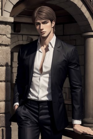8k, HQ, handsome, male focus, masterpiece, best quality, photorealistic, detailed skin, picture-perfect face, charming, alluring, seductive, erotic, enchanting, hourglass body shape,  art_deco_fusion, handsome male, FFIXBG, top body, on city wall, relaxing face, white buttoned shirt, black pants ,look outside the screen,,jean_kirstein