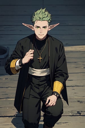 solo male, Kraft\(Frieren: Beyond Journey's End\), elf, masculine, manly, smile, (olive green hair, multicolored hair), short hair, undercut, green eyes, pointed ears, BREAK (above-knee-length-cassock, black coat with yellow-cuff-trim:1.3), (cassock above knee:1.5), button up cassock, (wide black pants), (cream-colored-clergy-stole:1.2), (white puttee, bandage), shoes, necklace, mature, handsome, charming, alluring, standing, upper body, perfect anatomy, perfect proportions, best quality, masterpiece, high_resolution, dutch angle, cowboy shot, photo background