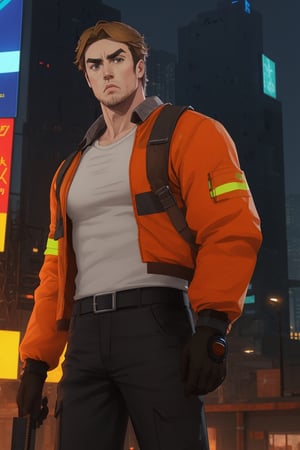 (1 image only), solo male, Gagumber, Sakugan, physical laborer worker, brown hair, two-tone hair, stubble, green eyes, thick eyebrows, (white tank top), (orange High-visibility jacket), open jacket, green work pants, black boots, black gloves, mature, handsome, charming, alluring, ((portrait, close-up)), perfect anatomy, perfect proportions, high_resolution, dutch angle, detailed background, cyberpunk city