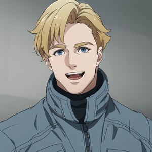 solo male, Lewis Smith \(Brave Bang Bravern\), blond hair, short hair, (blue eyes), (((grey pilot jumpsuit, gray pilot jumpsuit, grey sleeves)), (pov, portrait, close-up, headshot, looking at viewer), mature, handsome, charming, alluring, muscular, beefy, happy, smile, open mouth, affectionate eyes, standing, upper body, perfect anatomy, perfect proportions, best quality, masterpiece, high_resolution, dutch angle, cowboy shot, simple background, 