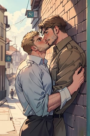  kissingcheek, couple, ((2people)), first man giver (jean_kirstein, brown hair, stubble, light brown eyes),second mature man receiver(reiner braun, blond hair, stubble, hazel eyes), ((pure white collared shirt, fit shirt, roll-up sleeves)), stubble, dilf, different hair style, different hair color, different face, gay, homo, slight shy, charming, alluring, seductive, highly detailed face, detailed eyes, perfect light, on 1910s city wall, military, retro, (best quality), (8k), (masterpiece), best quality, 1 image, manly, hunk, perfect anatomy, perfect proportions, perfect perspective,
