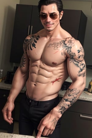 solo male, Tatsu, Japanese, househusband, yakuza, tattoos on body, black hair, slicked back hair, stubble, dark brown eyes, scar on face, topless, bare neck, bare shoulder, bare arms, bare waist, black pants, (aviator sunglasses), black shoes, toned male, mature, handsome, charming, alluring, smirk, upper body, perfect anatomy, perfect proportions, best quality, masterpiece, high_resolution, dutch angle, photo background, modern kitchen, YakuzaTattoo, (perfect hands, perfect fingers:1.3)