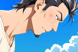 score_9, score_8_up, score_7_up, score_6_up, perfect anatomy, perfect proportions, best quality, masterpiece, high_resolution, high quality, aesthetic, absurdres, solo male, Kaburagi, black hair, grey hair streak, multicolored hair, hair slicked back, facial hair, goatee, green eyes, sanpaku, constricted pupils, eyebrow slit, scar, white shirt, wide necked shirt, short-sleeved shirt, sleeves tucked up and buttoned, mature, handsome, charming, alluring, masculine, serious, intense eyes, v-shaped eyebrows, mad, passionate, bruise, look outside, leaning forward, close up, headshot, from side, eyes focus, cropped, dutch angel, blue sky, day, cloud, science fiction, cinematic, cinematic still, emotional, harmonious, bokeh, cinemascope, moody, epic, gorgeous, lens flare, emphasis lines, motion lines, motion blur, outdoor