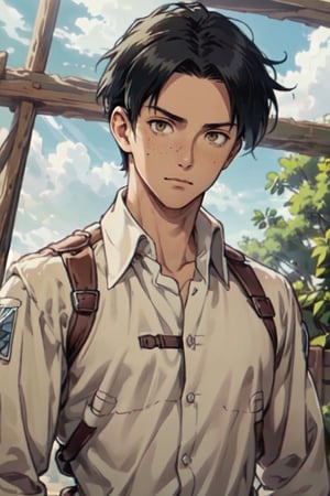 Marco Bodt, (short hair:1.2) (black hair, center-parted short hair, very short curtained hair:1.2), (bare forehead:1.2), (light brown eyes, normal size eyes), wearing pure white collared shirt, youthful, freckles, handsome, charming, alluring, friendly, (standing), (upper body in frame), simple background, green plains, cloudy blue sky, perfect light, only1 image, perfect anatomy, perfect proportions, perfect perspective, 8k, HQ, (best quality:1.5, hyperrealistic:1.5, photorealistic:1.4, madly detailed CG unity 8k wallpaper:1.5, masterpiece:1.3, madly detailed photo:1.2), (hyper-realistic lifelike texture:1.4, realistic eyes:1.2), picture-perfect face, perfect eye pupil, detailed eyes, realistic, HD, UHD, (front view:1.2), portrait, looking outside frame, AttackonTitan