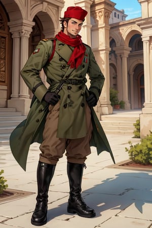 (1 image only), (solo male), 1boy, Sadik Adnan, Turkey, Hetalia: Axis Powers, Turkish male, olive-skinned, facial hair, chinstrap stubble, sideburns, (white eyemask:1.1), brown hair, short hair, grin, (red fez hat), tan scarf, long green military trench coat, brown pants, knee-high boots, black gloves, handsome, mature, charming, alluring, full body, perfect anatomy, perfect proportions, 8k, HQ, (best quality:1.2, hyperrealistic:1.2, photorealistic:1.2, masterpiece:1.3, madly detailed photo:1.2), (hyper-realistic lifelike texture:1.2, realistic eyes:1.2), high_resolution, perfect eye pupil, (standing), perfecteyes, Hagia sophia loction, building, better_hands, perfecteyes