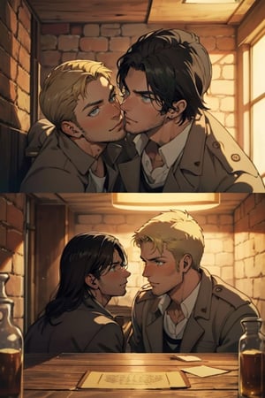 couple, ((2people)), first man giver((Eren Jaeger, ,erenad, black hair, long hair, long straight hair, hair down, stubble, grey-green eyes)), second mature man receiver((reiner braun, blond hair, stubble, hazel eyes, chiseled jaw)), ((uniform, white collared shirt, opem brown trench coat)), different hair style, different hair color, different face, makeout, eye contact, gay, homo, slight shy, charming, alluring, seductive, highly detailed face, detailed eyes, perfect light, 1910s military stone basement, retro, oil lamp light outside frame, (best quality), (8k), (masterpiece), best quality, 1 image, rugged, manly, hunk, perfect anatomy, perfect proportions, perfect perspective 