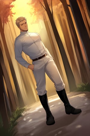 score_9, score_8_up, score_7_up, solo male, Reiner Braun, blond hair, short hair, flat hair, (facial hair, stubble:1.1), hazel eyes, ((perfect eyes, perfect mouth)), tall, (white uniform, pure white mandarin collared shirt, high standing collars, long sleeves:1.5), ((black suspender straps)), white pants, black tall combat boots, handsome, charming, alluring, standing, full body, cowboy shot, dutch angle, forest, perfect anatomy, perfect proportions, best quality, masterpiece, high_resolution