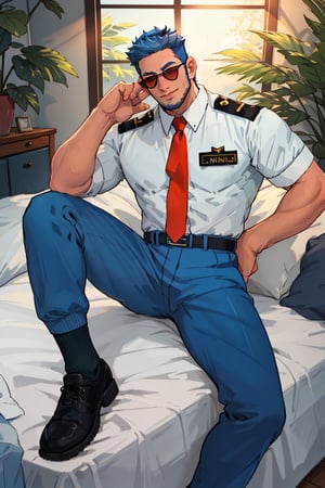 (1 image only), solo male, Wilbur, Animal Crossing, personification, pure blue hair, short hair, black eyes, blue facial hair, jawline stubble, aviation pilot uniform, white collor shirt, red necktie, epaulette, aviator sunglasses, blue pants, socks, black footwear, mature, bara, handsome, charming, alluring, grin, laying on bed, on back, arm rised, perfect anatomy, perfect proportions, (best quality, masterpiece), (perfect eyes, perfect eye pupil), perfect hands, high_resolution, indoor, perfect light