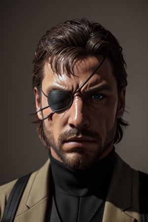(1 image only), solo male, 1boy, Big Boss, Metal Gear Solid, bslue eyes, brown hair, facial hair, (eyepatch, grey headband), sneaking suit, handsome, mature, charming, alluring, upper body in frame, perfect anatomy, perfect proportions, 8k, HQ, (best quality:1.2, hyperrealistic:1.2, photorealistic:1.2, masterpiece:1.3, madly detailed photo:1.2), (hyper-realistic lifelike texture:1.2, realistic eyes:1.2), high_resolution, perfect eye pupil, dutch angle,Big Boss,photorealistic