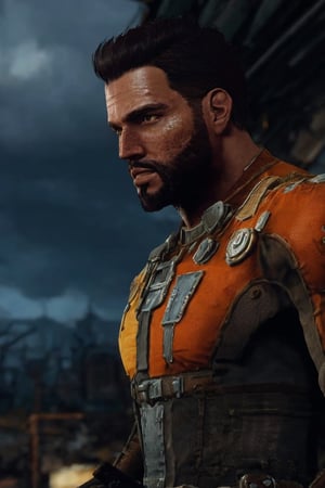 solo male, realistic, Paladin Danse, Fallout 4, short hair, warm black hair, light brown eyes, beard, orange-gray Brotherhood of Steel uniform, orange-gray bodysuit, gloves, boots, mature, handsome, charming, alluring, ((portrait, headshot, close-up)), perfect anatomy, perfect proportions, best quality, masterpiece, high_resolution, dutch angle, photo background, ruined overhead interstate, Fallout 4 location, post-apocalyptic ruins, desolated landscape, dark blue sky,Masterpiece