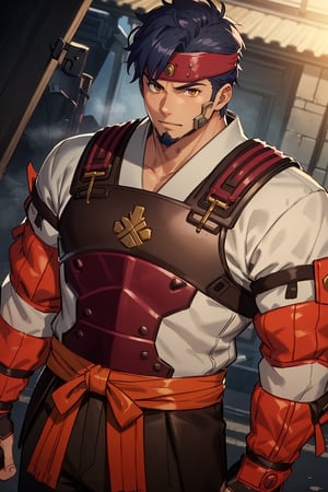 solo male, Kibito Araka, Kabaneri of the Iron Fortress, short hair, dark blue hair, brown-golden eyes, goatee, muscular build, tall, samurai armor, white Juban \(kimono\)
, (orange Haidate \(armored Skirt\)), orange plated cuirass, red waistband, padded sleeves, khaki pants, brown gauntlet, fingerless gauntlet, purple armored faceplate, black puttee, sandals, mature, handsome, charming, alluring, standing, upper body, perfect anatomy, perfect proportions, best quality, masterpiece, high_resolution, dutch angle, cowboy shot, photo background,1boy