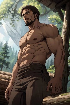 solo male, Artur Braus, Attack on Titan Anime style, hunter, shaggy brown hair, brown eyes, sideburns, beard, thin goatee, topless, shirtless, black pants, mature, handsome, charming, alluring, standing, upper body, perfect anatomy, perfect proportions, best quality, masterpiece, high_resolution, dutch angle, cowboy shot, photo background, forest, log cabin
