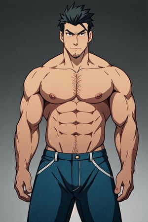 1boy, solo, Maes Hughes, Fullmetal Alchemist, anime,  2D, tall, lean, black hair, jovially spiky hair, brown eyes, rectangular spectacles framed, 29 years old, mature, topless, shirtless, pure blue pants, manly, masculine, handsome, charming, alluring, (standing), (upper body in frame), perfect light, perfect anatomy, perfect proportions, perfect perspective, 8k, HQ,  (best quality:1.2, masterpiece:1.2, madly detailed), perfect face, (portrait), looking_at_viewer, simple background, vitage background,best quality