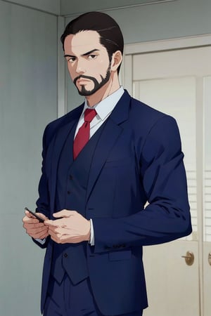 solo male, Maeda, Asobi Asobase, butler, black hair, short hair, black eyes, facial hair, dark blue 3 Piece Suit, formal, white collared shirt, red necktie, dark blue vest, dark blue jacket, dark blue pants, mature, handsome, charming, alluring, calm, polite, upper body,  perfect anatomy, perfect proportions, best quality, masterpiece, high_resolution, (front view)