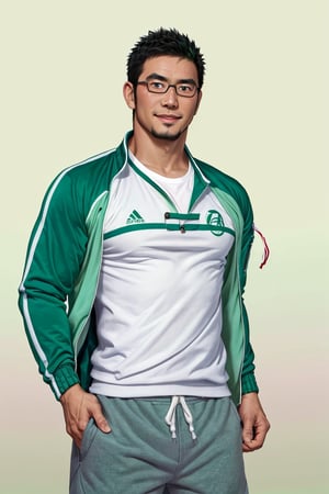 (1 image only), solo male, bara, Kyoichi Ootomo, Live A Hero, Asain, Japanese, athlete, PE teacher, short hair, black hair, green streaked hair, sideburns, black eyes, facial hair, goatee, (wore glasses), tan skin, white bandaid on nose, white t-shirt, ((pure green athletic jacket, open jacket)), grey shorts, sneakers, smile, blush, mature, handsome, charming, alluring, standing, upper body, perfect anatomy, perfect proportions, (best quality, masterpiece), (perfect eyes, perfect eye pupil), perfect hands, high_resolution, dutch angle, school sports ground,(1man)