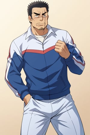 score_9, score_8_up, score_7_up, score_6_up, perfect anatomy, perfect proportions, best quality, masterpiece, high_resolution, high quality, best aesthetic, incredibly absurdres, highres, extremely detailed, huge filesize, mature, masculine, manly, virile, handsome, charming, alluring, bara, male focus, solo male, cowboy shot, dutch angle, source_anime \(My Bride is a Mermaid\), anime coloring \(My Bride is a Mermaid\), Gozaburo Seto \My Bride is a Mermaid\), MBMGozaburo, black hair, short hair, black eyes, sanpaku, sideburns, facial hair, stubble, thick eyebrows, scar across eye, scar across nose,  Gozaburo_Outfit03, athletic jacket, track jacket, two-tone track jacket, white/blue track jacket, white undershirt,  white athletic pants, 