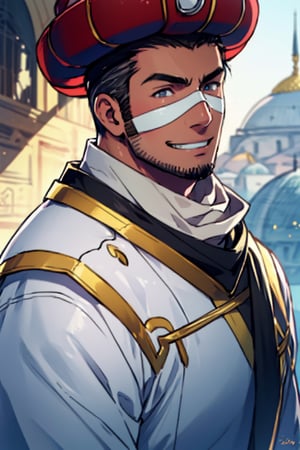 (1 image only), (solo male), 1boy, Sadik Adnan, TurkeyHetalia, Turkish male, olive-skinned, facial hair, chinstrap stubble, sideburns, brown hair, short hair, grin, red tunic, white sleeves, (red Ottoman Kavuk hat), (white eyemask), scarf, handsome, mature, charming, alluring, portrait, upper body, perfect anatomy, perfect proportions, 8k, HQ, (best quality:1.2, hyperrealistic:1.2, photorealistic:1.2, masterpiece:1.3, madly detailed photo:1.2), (hyper-realistic lifelike texture:1.2, realistic eyes:1.2), high_resolution, perfect eye pupil, (standing), perfecteyes, Hagia sophia, Istanbul loction, Islamic building, better_hands, perfecteyes,Sadik Adnan