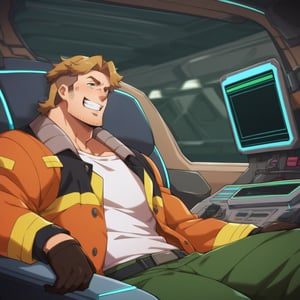 score_9, score_8_up, score_7_up, score_6_up, perfect anatomy, perfect proportions, best quality, masterpiece, high_resolution, high quality, solo male, Gagumber, brown hair, two-tone hair, sideburns, facial hair, stubble, green eyes, thick eyebrows, white tank top, orange high-visibility bomber jacket, black gloves, green work pants, sitting in a huge industrial mecha, mecha cockpit, operator's seat, mecha joystick, outstretched arms, outstretched legs, spread legs, ((2 hands holding joysticks)), science fiction, adult, mature, masculine, manly, handsome, charming, alluring, serious, intense eyes, v-shaped eyebrows, open mouth, grin, ((upper body)), view from side, cinematic still, emotional, harmonious, vignette, bokeh, cinemascope, moody, epic, gorgeous