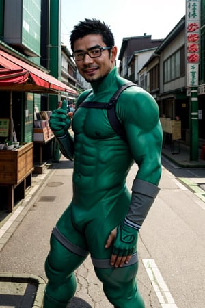 (1 image only), solo male, bara, Kyoichi Ootomo, Live A Hero, Asian, Japanese, hero, short hair, black hair, green streaked hair, sideburns, black eyes, facial hair, goatee, (wore glasses), tan skin, white bandaid on nose, goggles, grey&green bodysuit, skin tight, green fingerless gloves, smile, blush, mature, handsome, charming, alluring, standing, upper body, perfect anatomy, perfect proportions, (best quality, masterpiece), (perfect eyes, perfect eye pupil), perfect hands, high_resolution, dutch angle, Japanese city street
